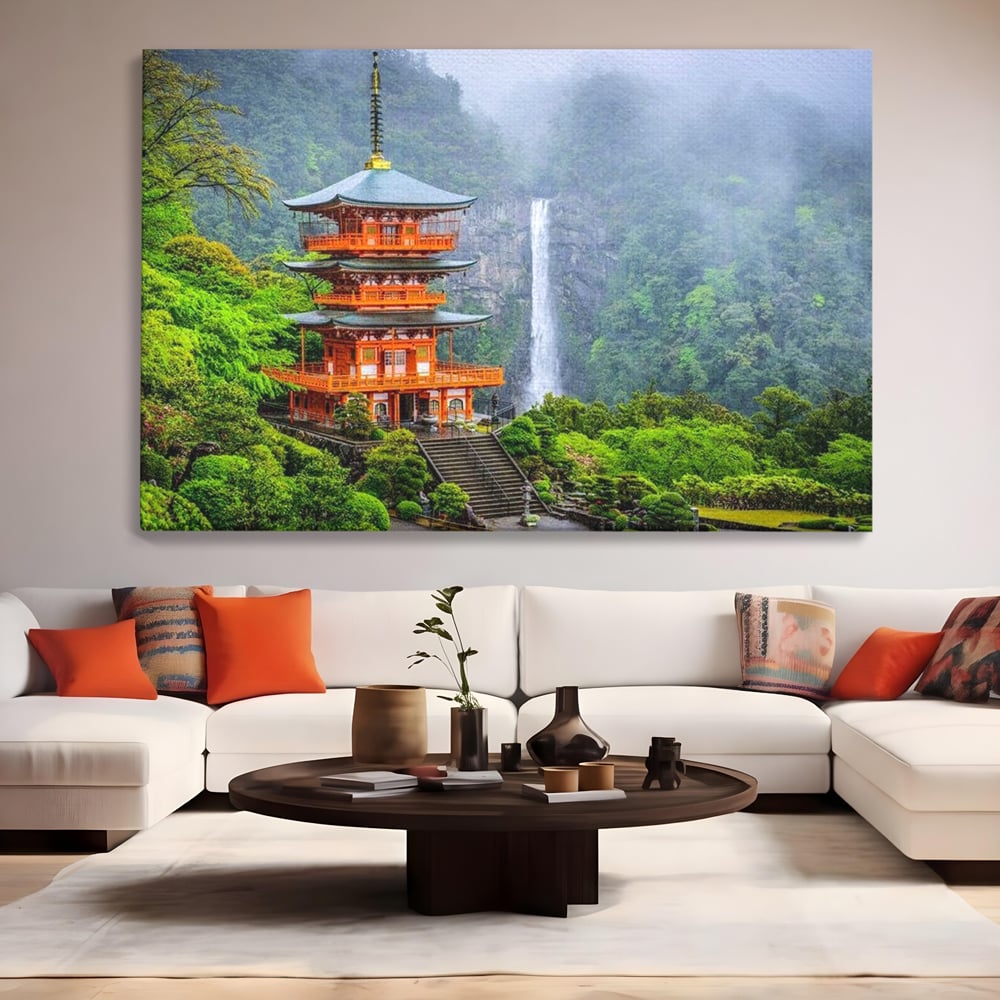 Tablou canvas cu tablou canvas cu pagoda si cascada, fara rama, pe sasiu de lemn, pe perete intr-un living